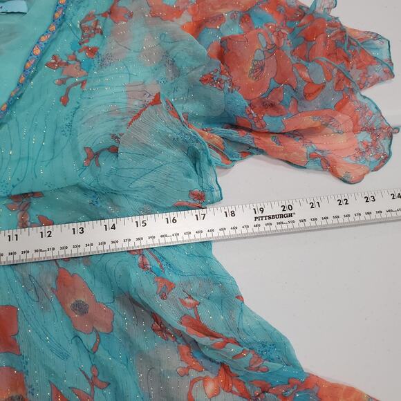 Y2K Fairy Grunge Marciano Top Women Large Turquoise Pink Sheer Flowy Metallic - Picture 7 of 9